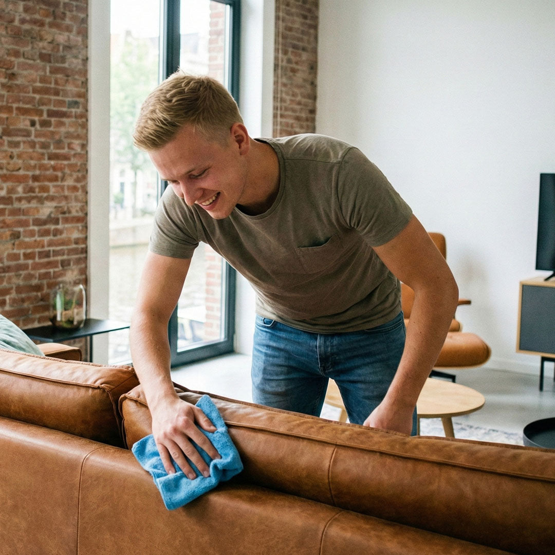 Een jongen die een leren bank onderhoud met de producten van Jack's Wax