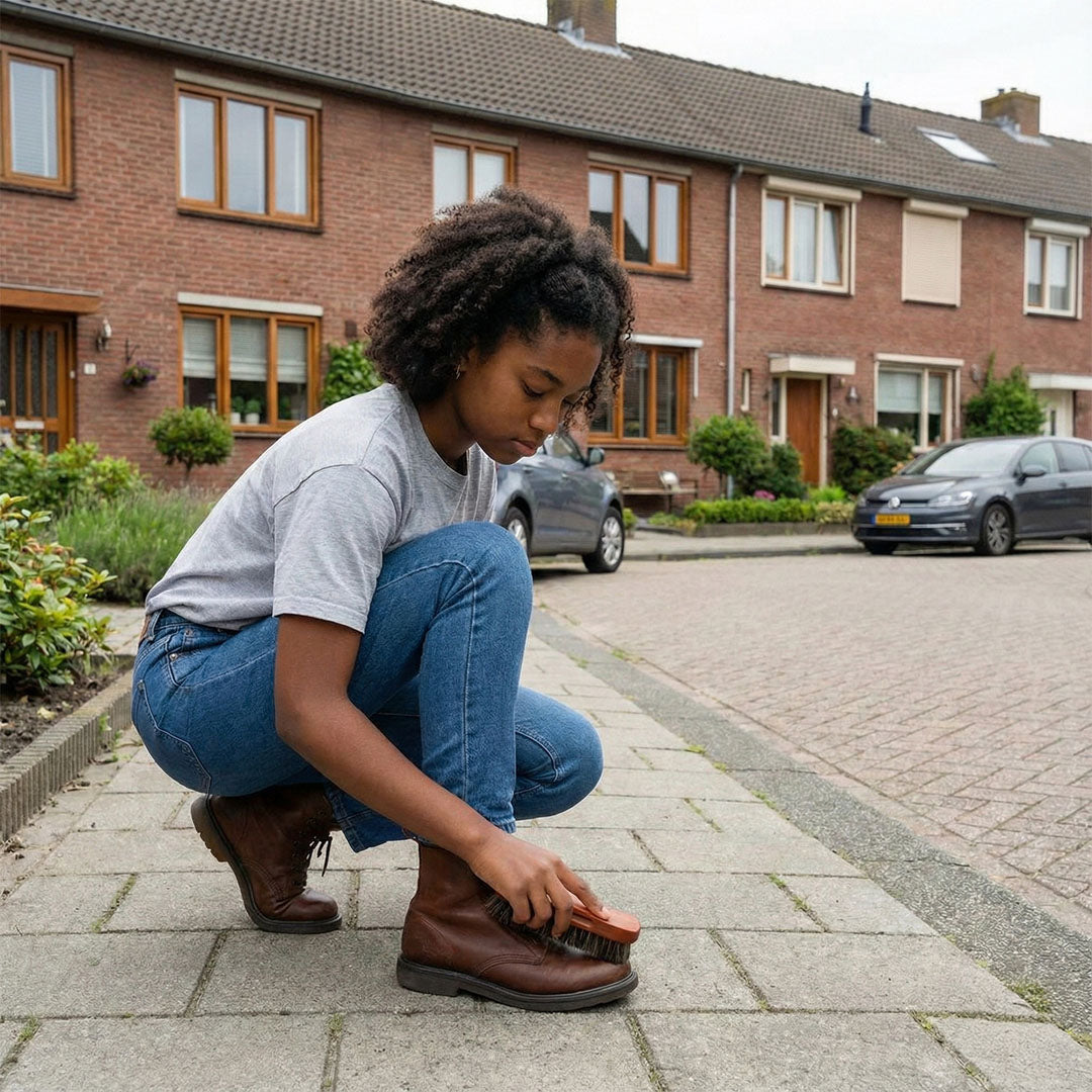 Meisje van kleur dat haar schoen borstelt met een paardenhaarborstel van Jacks Wax