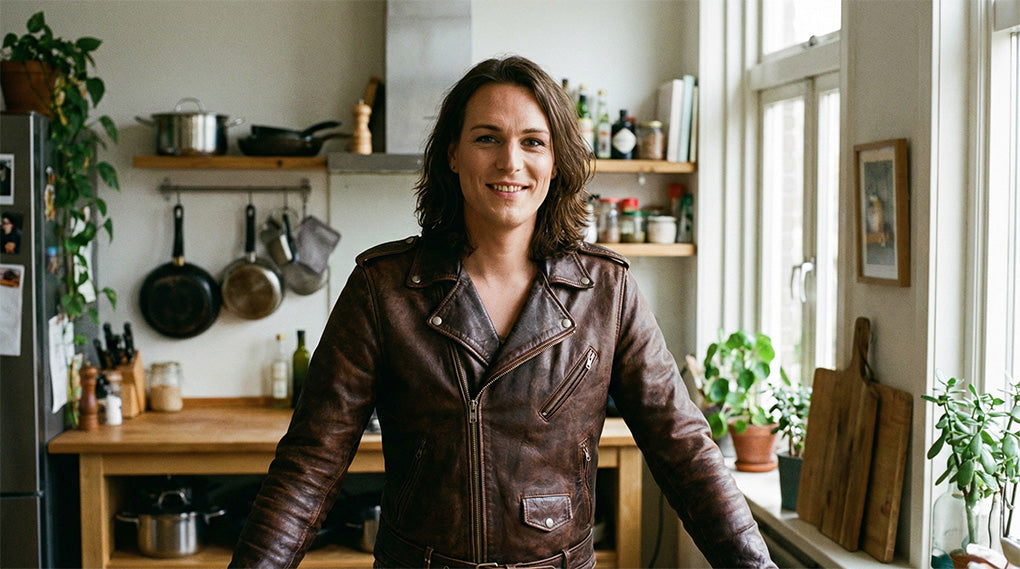 Vrouw die een leren jack draagt in haar keuken